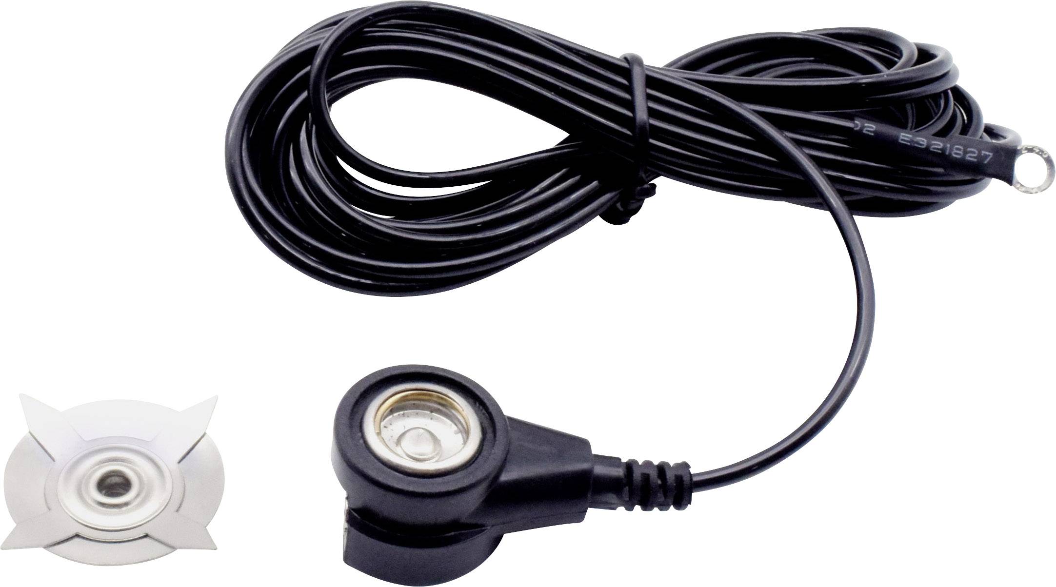 Lang zwart kabel met ronde sensor en aparte metalen bevestiging, mogelijk bedoeld voor een technische of elektronische toepassing.