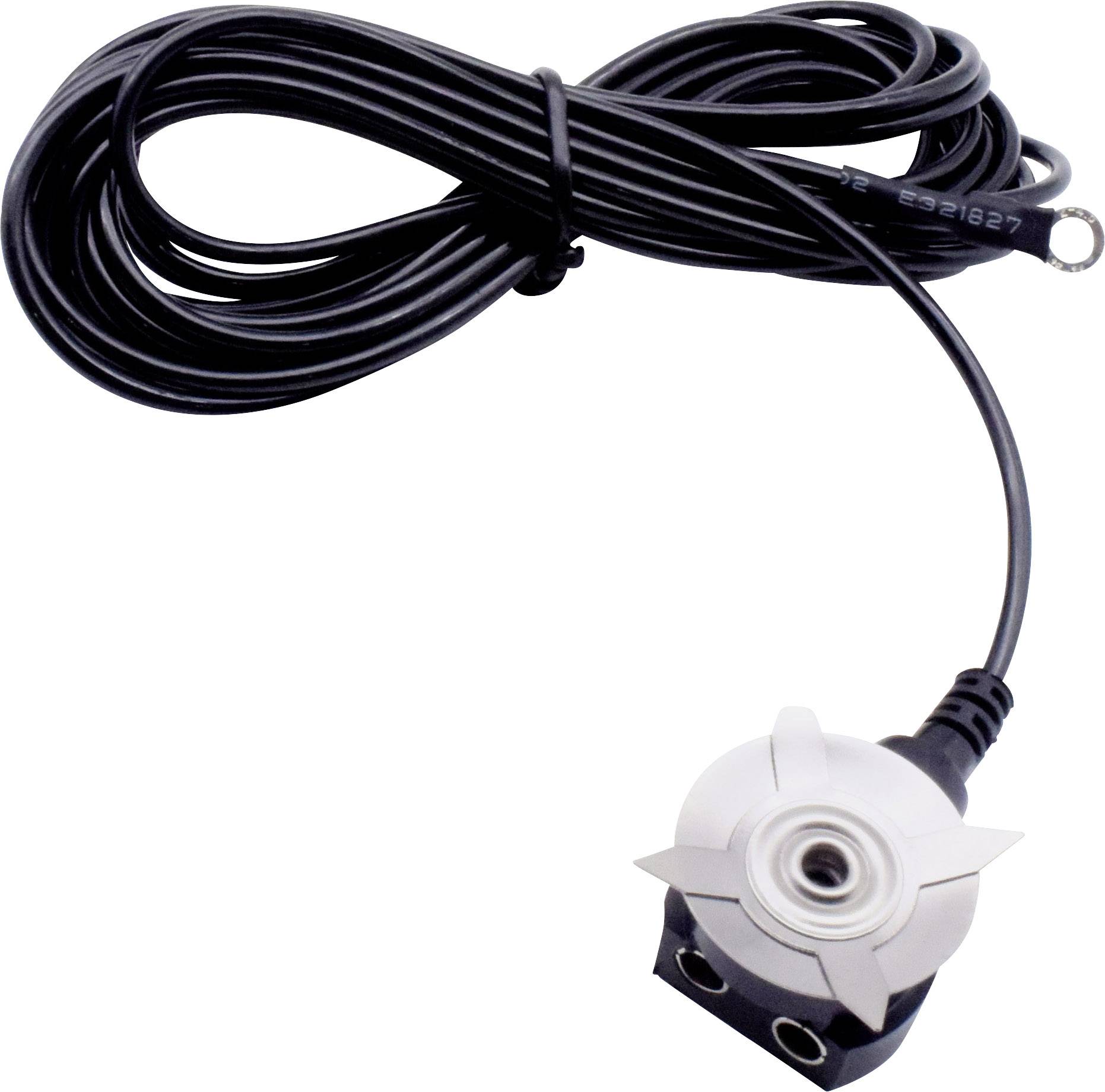 Een zwart, lang kabel met een zilveren, ronde aansluiting aan de andere kant, vermoedelijk een elektronisch accessoire.