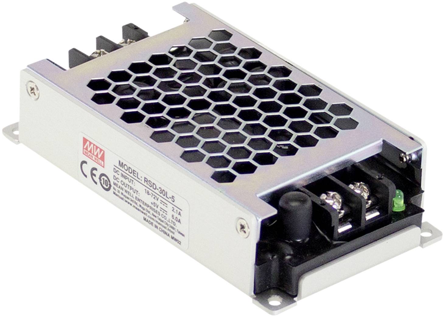 Compact metalen voedingsbehuizing met honingraatpatroon, modelaanduiding en certificeringen op de zijkant.