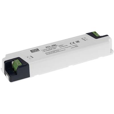 Een langwerpige elektronische driver in het wit met zwarte eindkappen, gemarkeerd met 'ICL-28L'. Geschikt voor de stroomvoorziening van LED-apparaten.