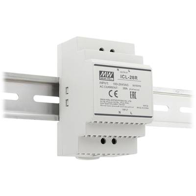 Netzfilter ICL-28R van Mean Well, gemonteerd op een DIN-rail. Ondersteunt ingangsspanning 180-264VAC, 50/60Hz, nominale stroom 28A. Bevat CE- en EAC-markering.