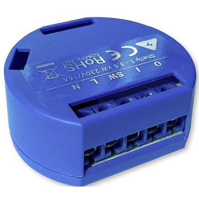 Een blauw elektronisch apparaat, rond, met meerdere aansluitklemmen, dat wordt gebruikt voor het besturen van elektrische schakelingen.
