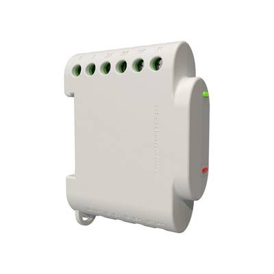 Een wit elektronisch apparaat met meerdere aansluitingen en gekleurde LED-indicatoren, waarschijnlijk voor elektrische bekabeling.