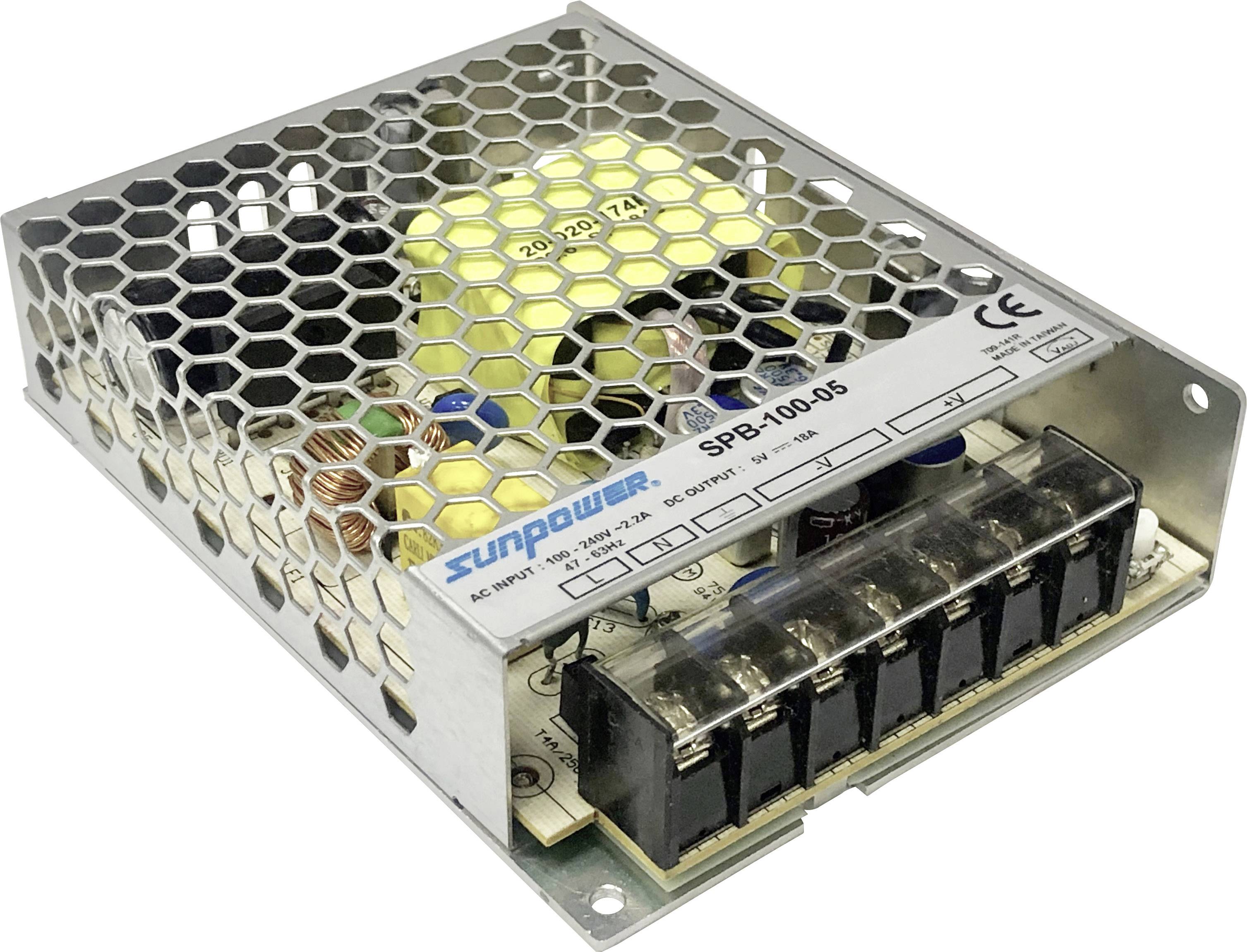 Metalen voeding met zijdelings merkenlogo 'Sunpower'. Zichtbare elektronische componenten in een open behuizing voor elektrische voeding.