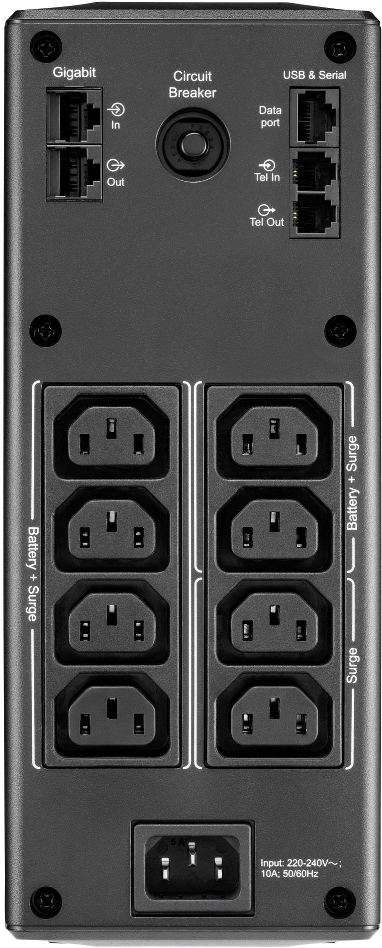 Achterkant van een UPS met aansluitingen: Gigabit, USB, serieel, datapoort en meerdere stopcontacten voor stroomuitval en overspanningsbeveiliging.
