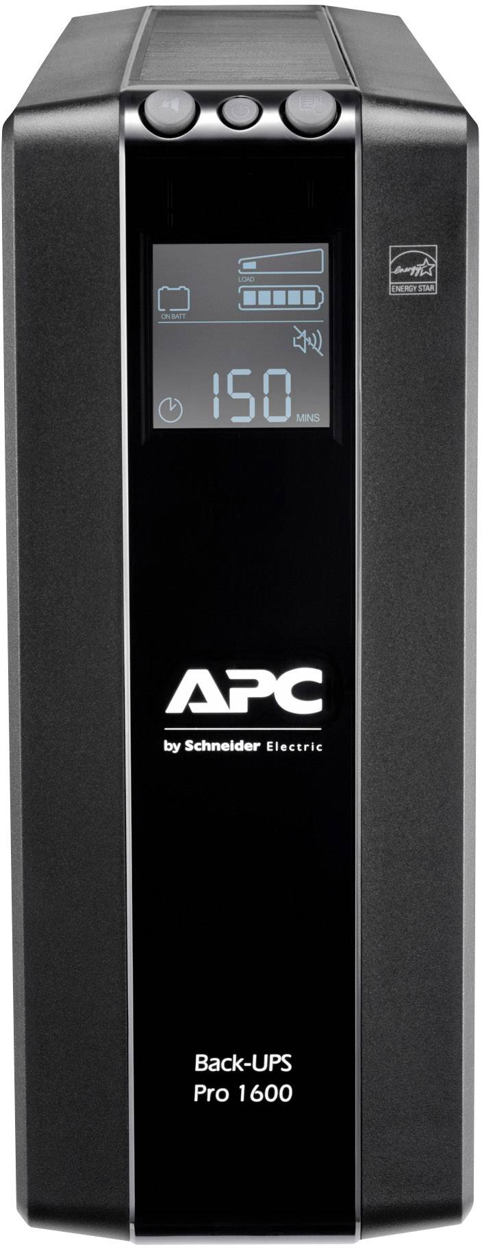 Een zwarte APC UPS-eenheid, model Back-UPS Pro 1600, met een digitaal display, toont de accustatus en 150 volt.