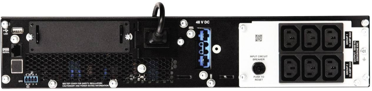Achterkant van een elektronisch apparaat met diverse aansluitingen: USB, stroomaansluiting, aan-/uitschakelaar, meerdere stopcontactaansluitingen.