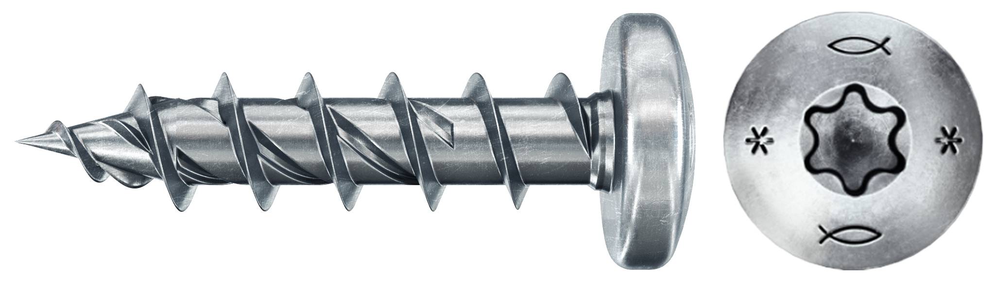 Metalen schroef met afgeronde kop weergegeven in zijaanzicht en bovenaanzicht, voorzien van vissymbolen en stervormige aandrijvingsuitsparring.