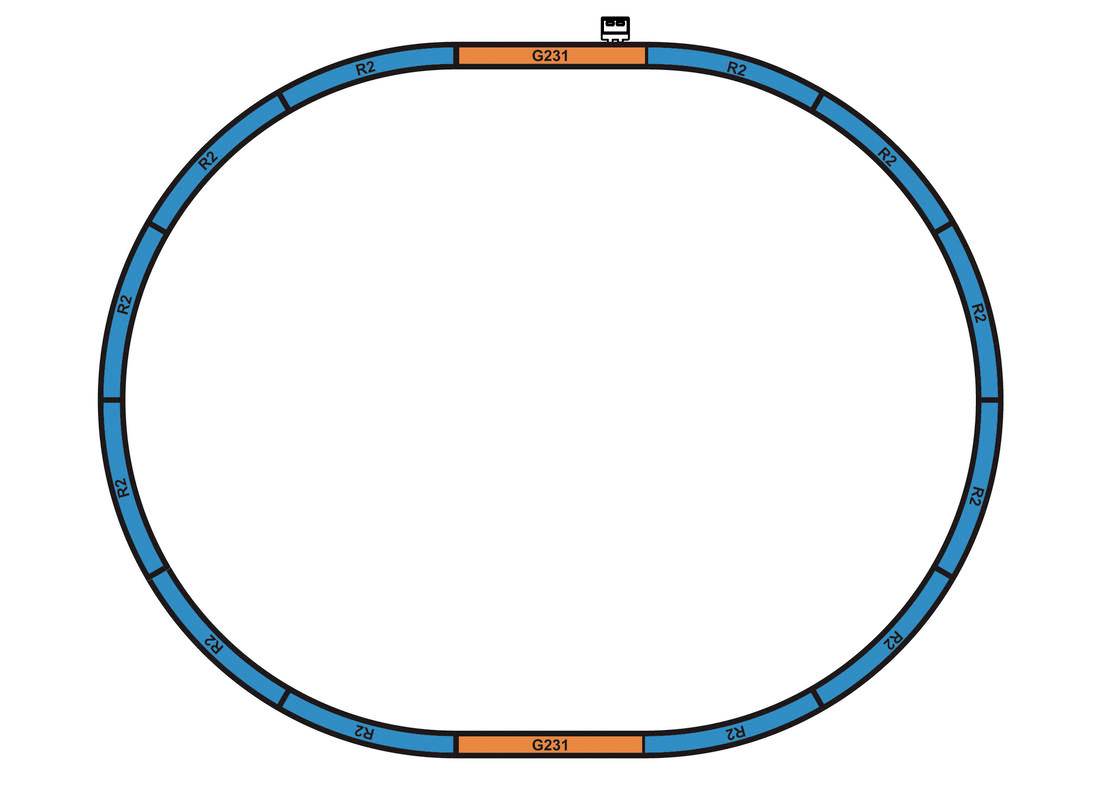 'Route met segmenten G231 en Z34 in het oranje, R2 en P2 in het blauw. Boven bus-symbool bij G231.'