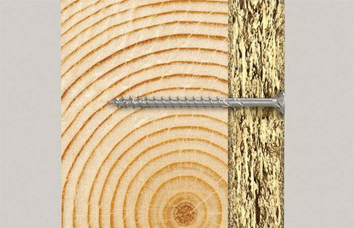 Een zilveren schroevendraaier doorboort een stuk hout met jaarringen en treedt aan de andere kant uit de bast.