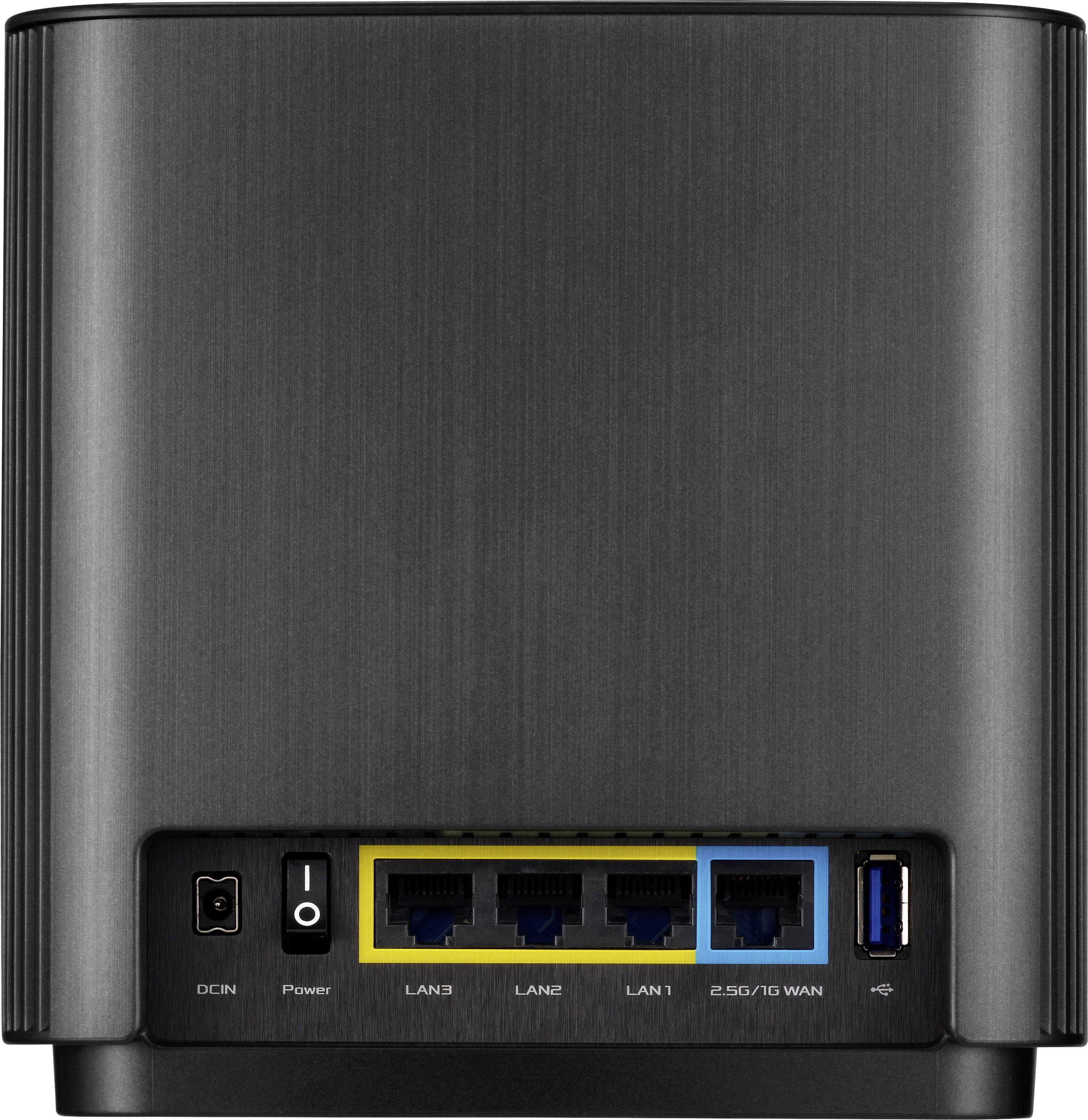 Zwarte routerachterkant met stroomaansluiting, vier LAN-poorten, gemarkeerd als LAN3, LAN2, LAN1 en 2.5G/10G WAN, plus een USB-aansluiting.
