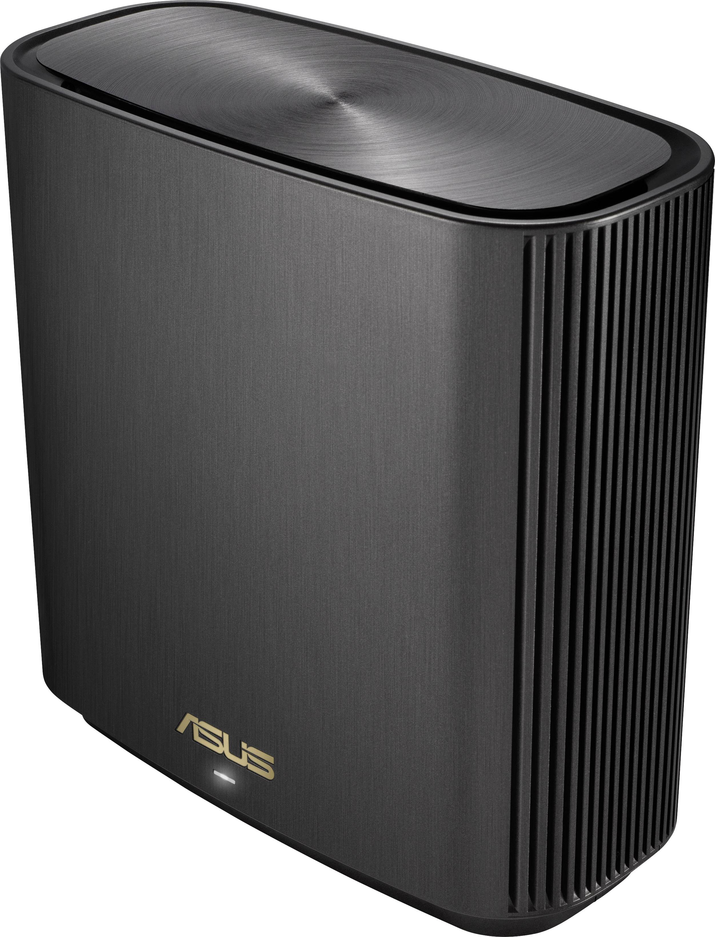 Een zwarte router van ASUS met verticale ventilatiesleuven.