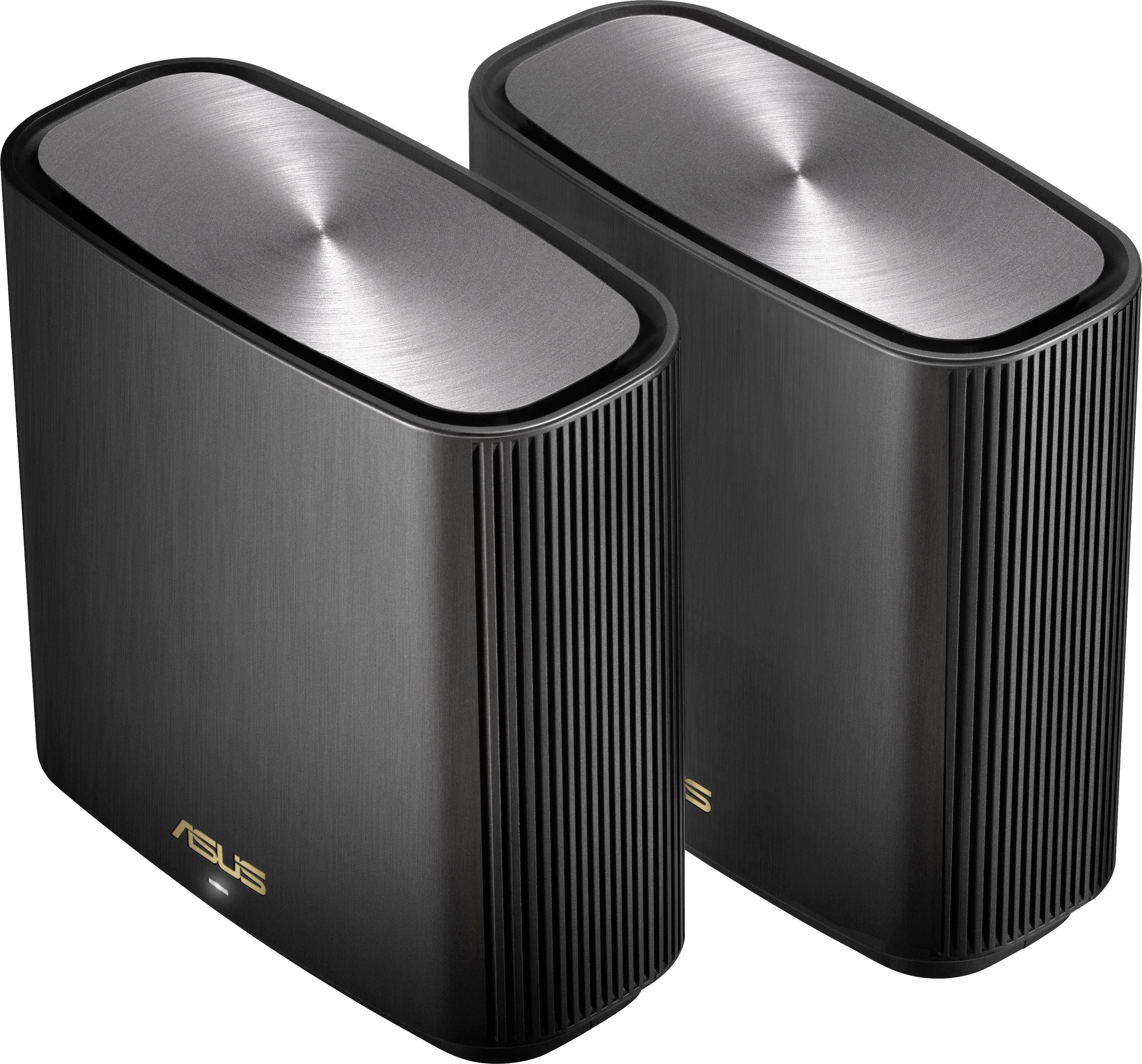 Twee zwarte WLAN-routers met Asus-logo, glanzende oppervlakken, naast elkaar geplaatst ter verbetering van de internetdekking in huis.