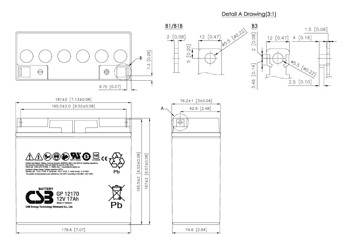 'Technische tekening van een batterij, Model GP 12170, 12V, 17Ah. Toont frontale en zijdelingse afmetingen, symbolen en aansluitingen.'