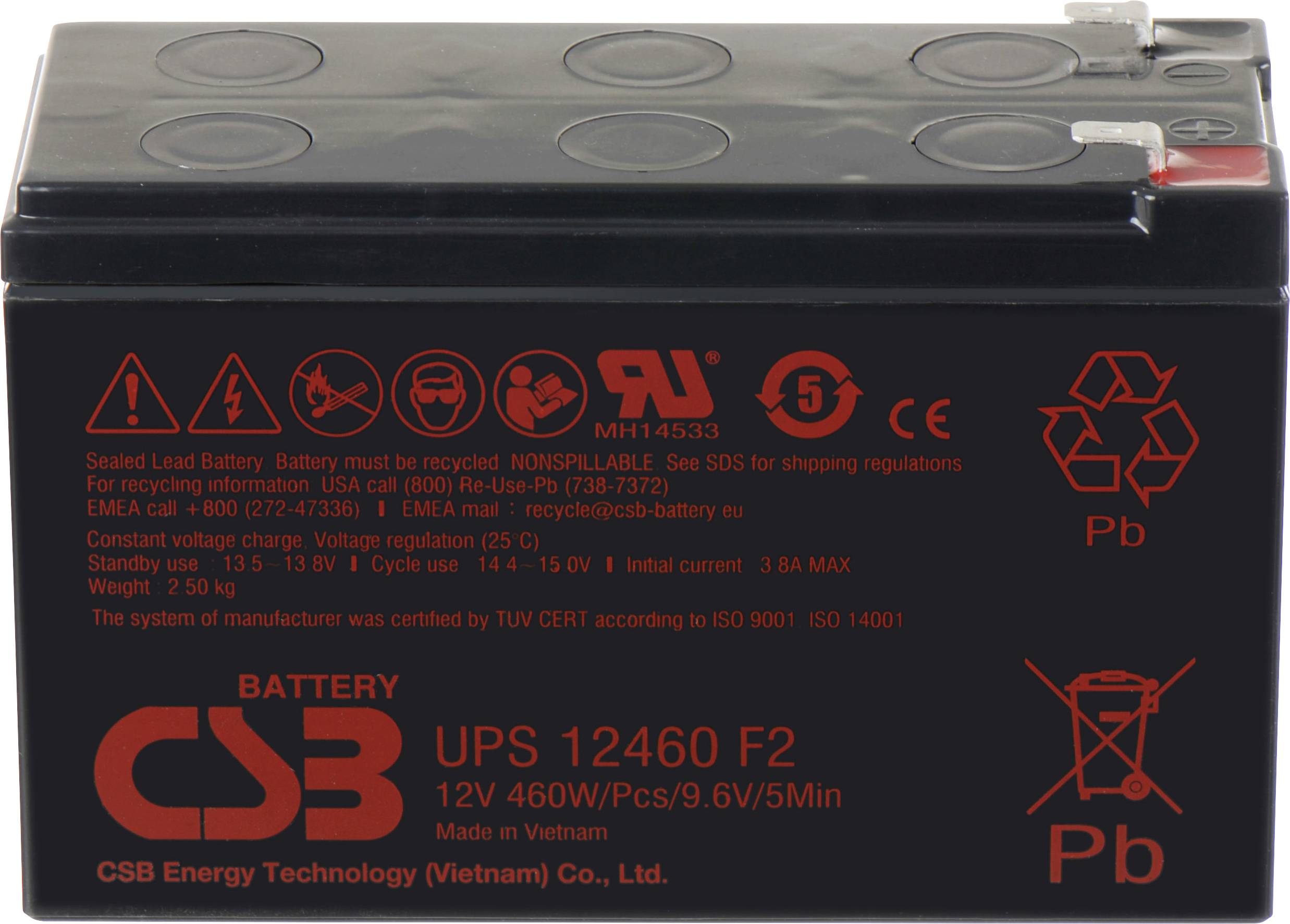 Een rechthoekige verzegelde loodzuur-accu gemerkt als 'CSB Battery UPS 12460 F2'. Het is morsdicht, met een nominaal voltage van 12V en 460W/cel voor 9.6V/5 minuten.