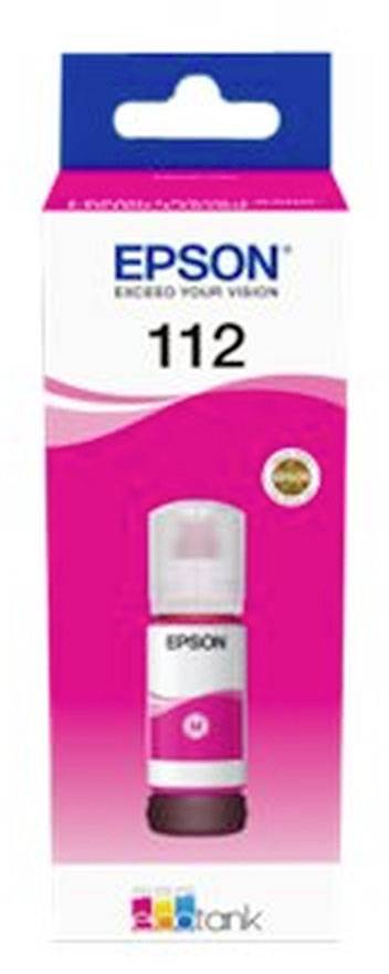 Verpakking van een Epson 112 inktfles in Magenta. Bovenste deel toont het Epson-logo, daaronder het nummer '112'.