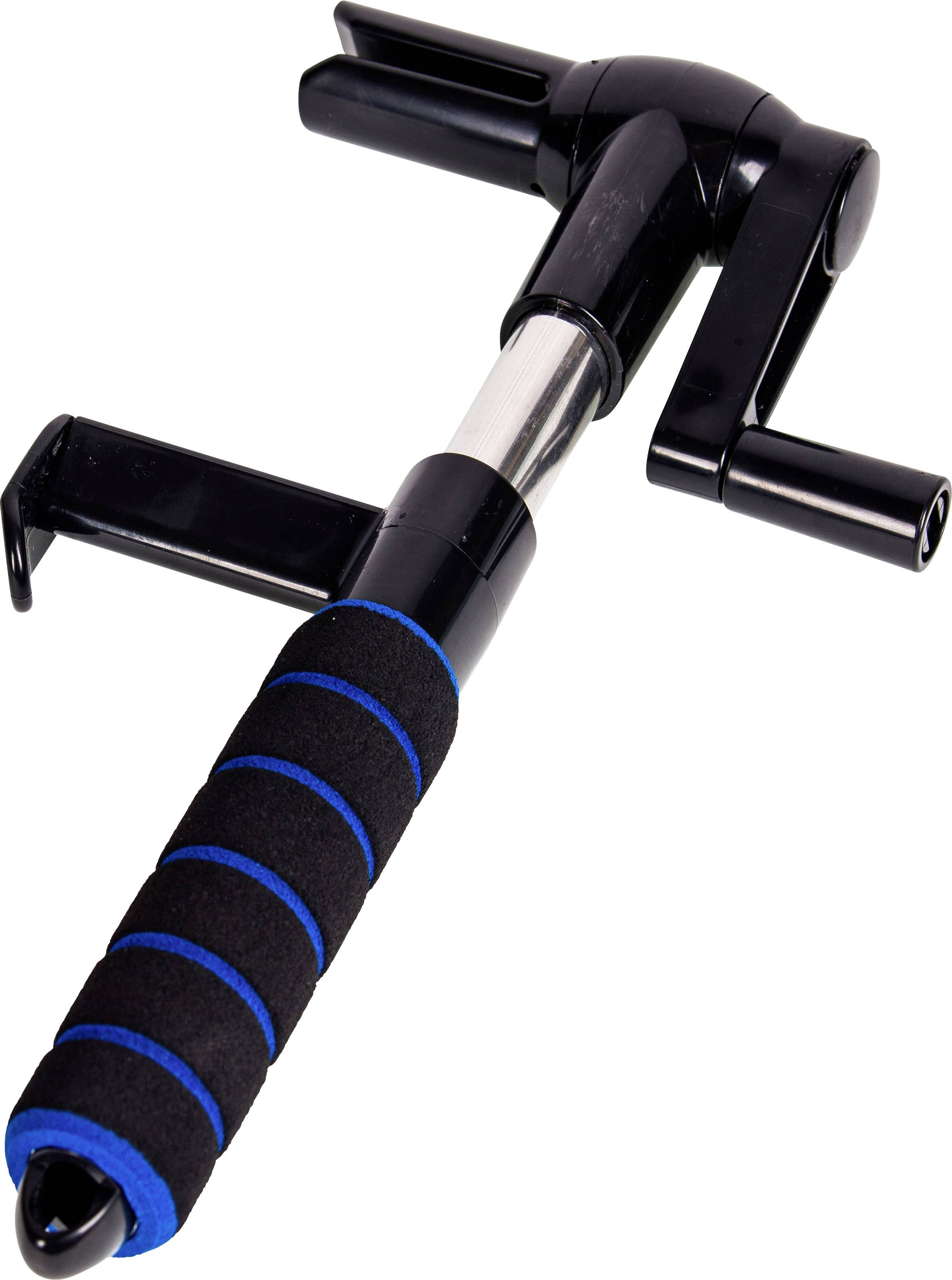 Een opvouwbare, zwarte wandelstok met blauwe handgreepkussens en een antislijtende rubberen voet.