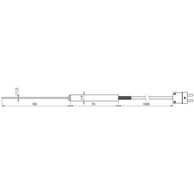 Technische tekening van een temperatuursensor. Toont de totale lengte, diameter van de sensor en aansluitingen. Afmetingen: 100 mm en 70 mm.