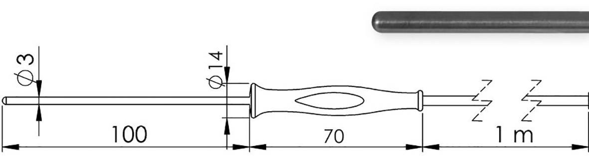 Technische tekening van een gereedschap met een staaf van 3 mm diameter, een handgreep van 14 mm diameter en een totale lengte van 1,17 m.