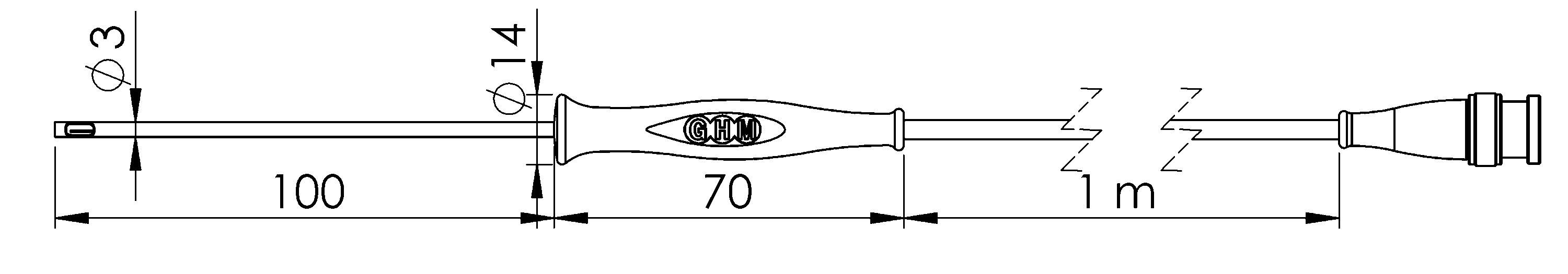 'Schema van een fasemeter met een totale lengte van 1 m. Handgreepbereik 70 mm, metalen schacht 100 mm, diameter 3 mm.'