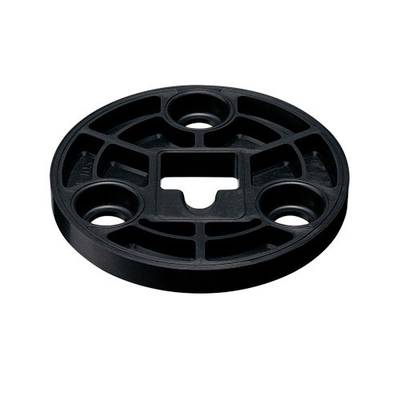 Een rond zwart kunststof onderdeel met meerdere gaten en uitsparingen, waarschijnlijk deel van een mechanisch of technisch systeem.
