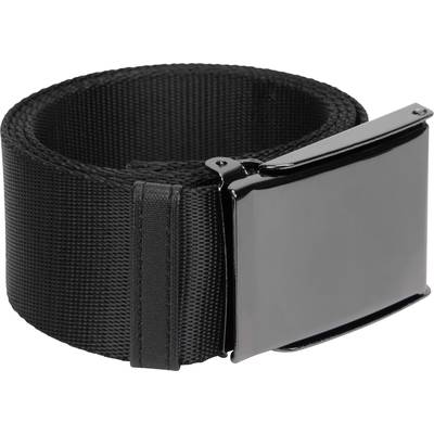 Een zwarte riem van robuust materiaal met een glimmende, rechthoekige metalen gesp, opgerold en klaar voor gebruik.
