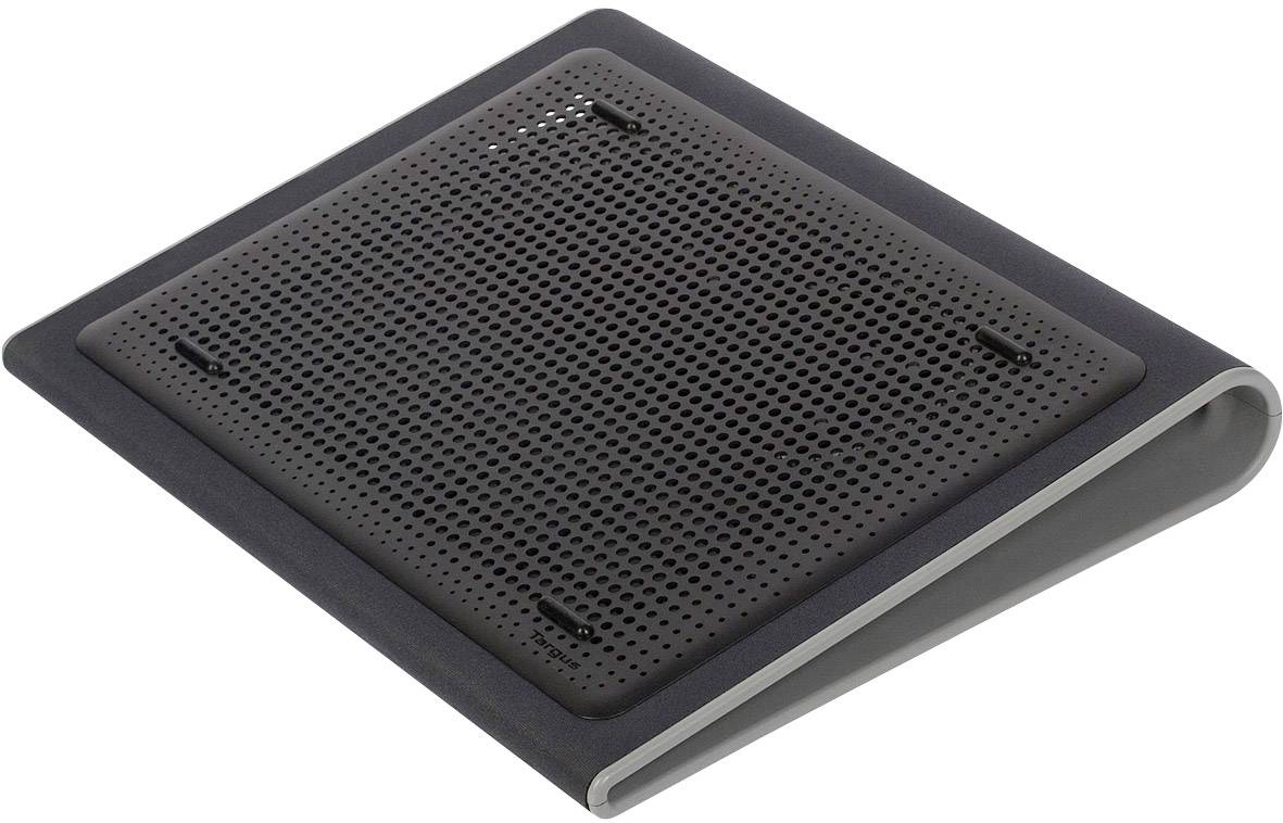 Een zwart laptopkoelpad met een schuin, geperforeerd ontwerp voor verbeterde ventilatie.