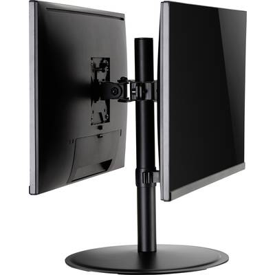Twee computermonitoren naast elkaar geplaatst op een dubbele standaard. Monitoren zijn zijdelings zichtbaar en tonen een slank design.