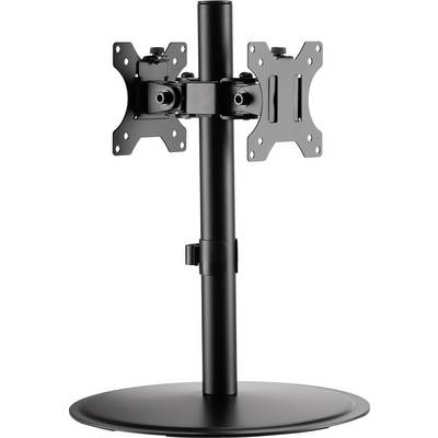 Zwarte metalen monitorsteun voor twee schermen, geschikt voor montage op het bureau.