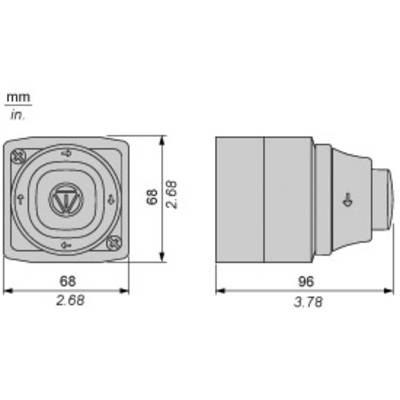 'Technische tekening van een camera, voor- en zijaanzicht. Afmetingen: 68 mm (2,68 inch) hoogte/breedte, 96 mm (3,78 inch) diepte.'