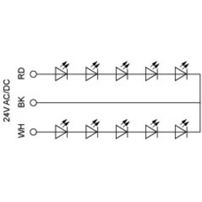 'Schakelschema van een gelijkrichter met 8 dioden voor 24V wisselstroom/gelijkstroom. Aansluitingen zijn gemarkeerd met WH (Wit), RD (Rood) en BK (Zwart).'