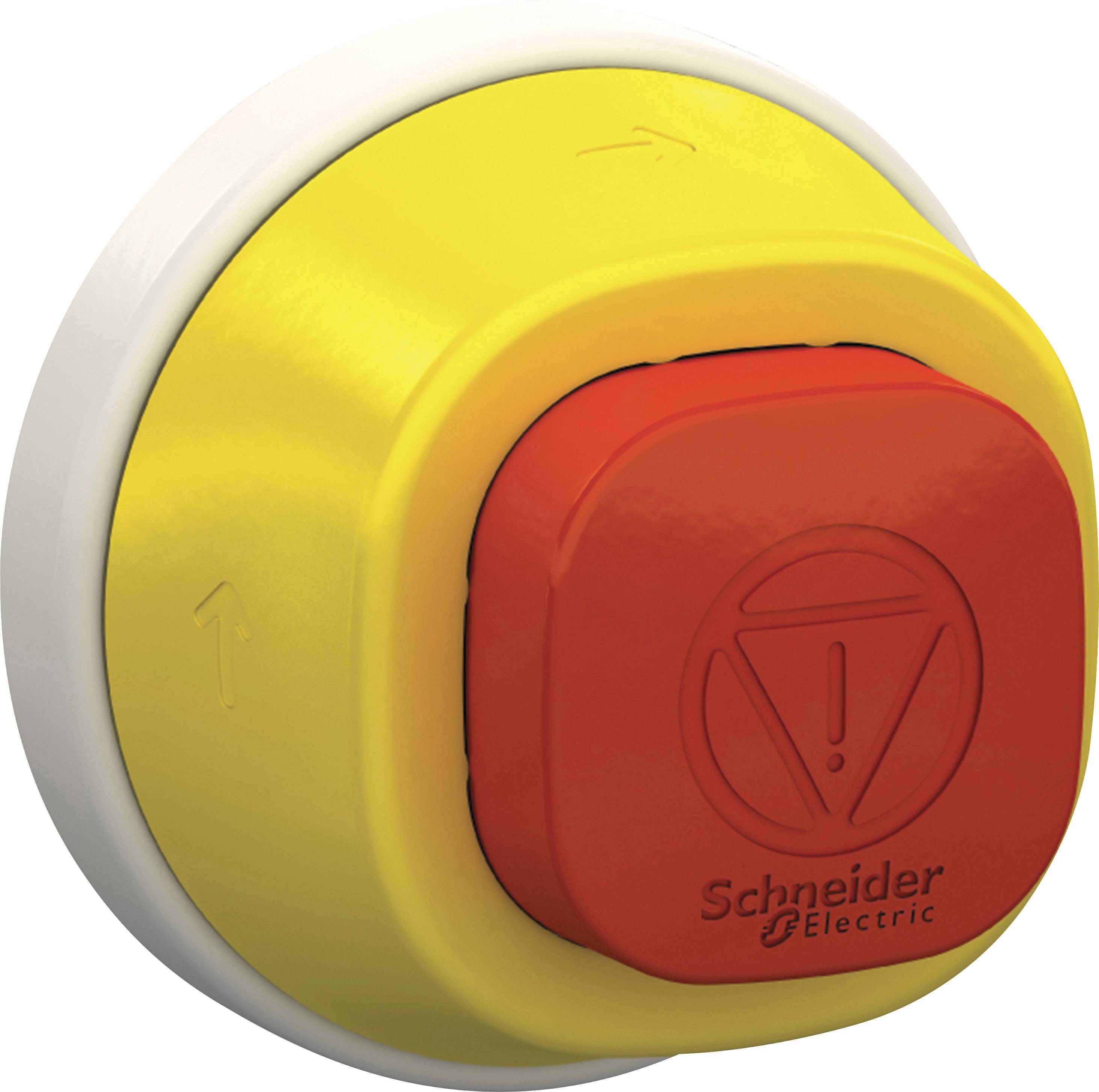 Noodstopknop van Schneider Electric in geel en rood, met pijlsymbolen en waarschuwingsborden.