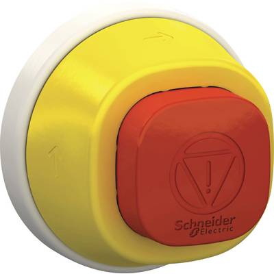 Noodstopknop van Schneider Electric in geel en rood, met pijlsymbolen en waarschuwingsborden.