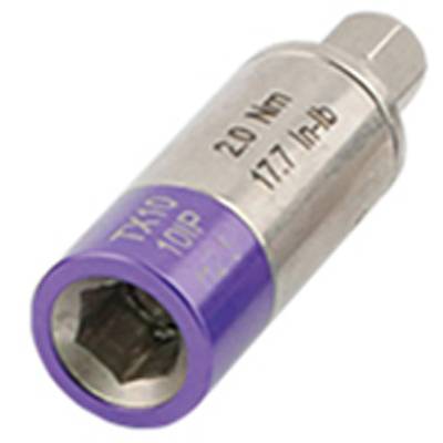 Momentsleutel, zilver en paars, met opdruk '20 Nm' en '177 in-lb'. Gebruikt voor nauwkeurige instelling van draaimomenten.