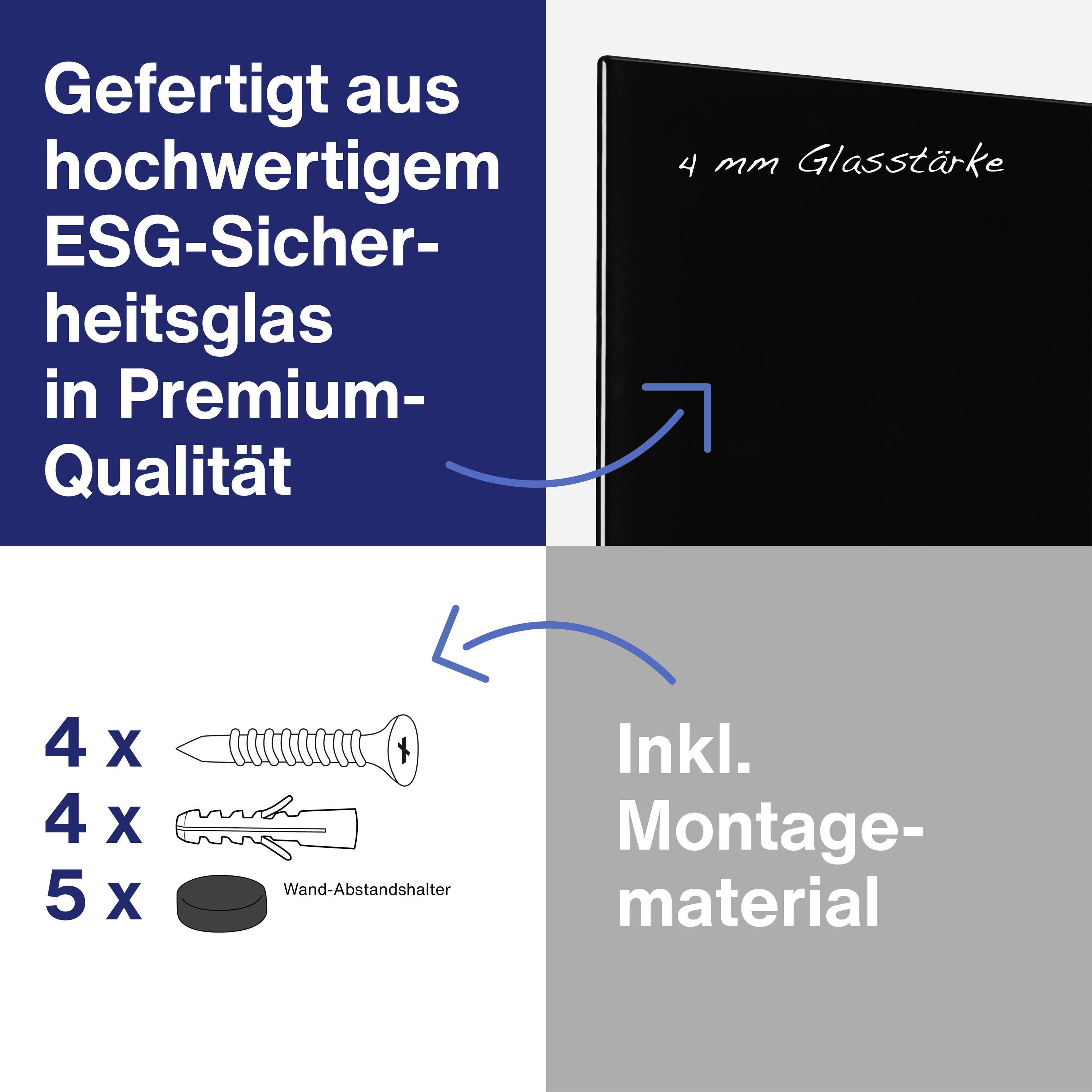 De afbeelding toont een glasplaat met een dikte van 4 mm, vervaardigd uit gehard veiligheidsglas in premiumkwaliteit. Inclusief bevestigingsmateriaal.