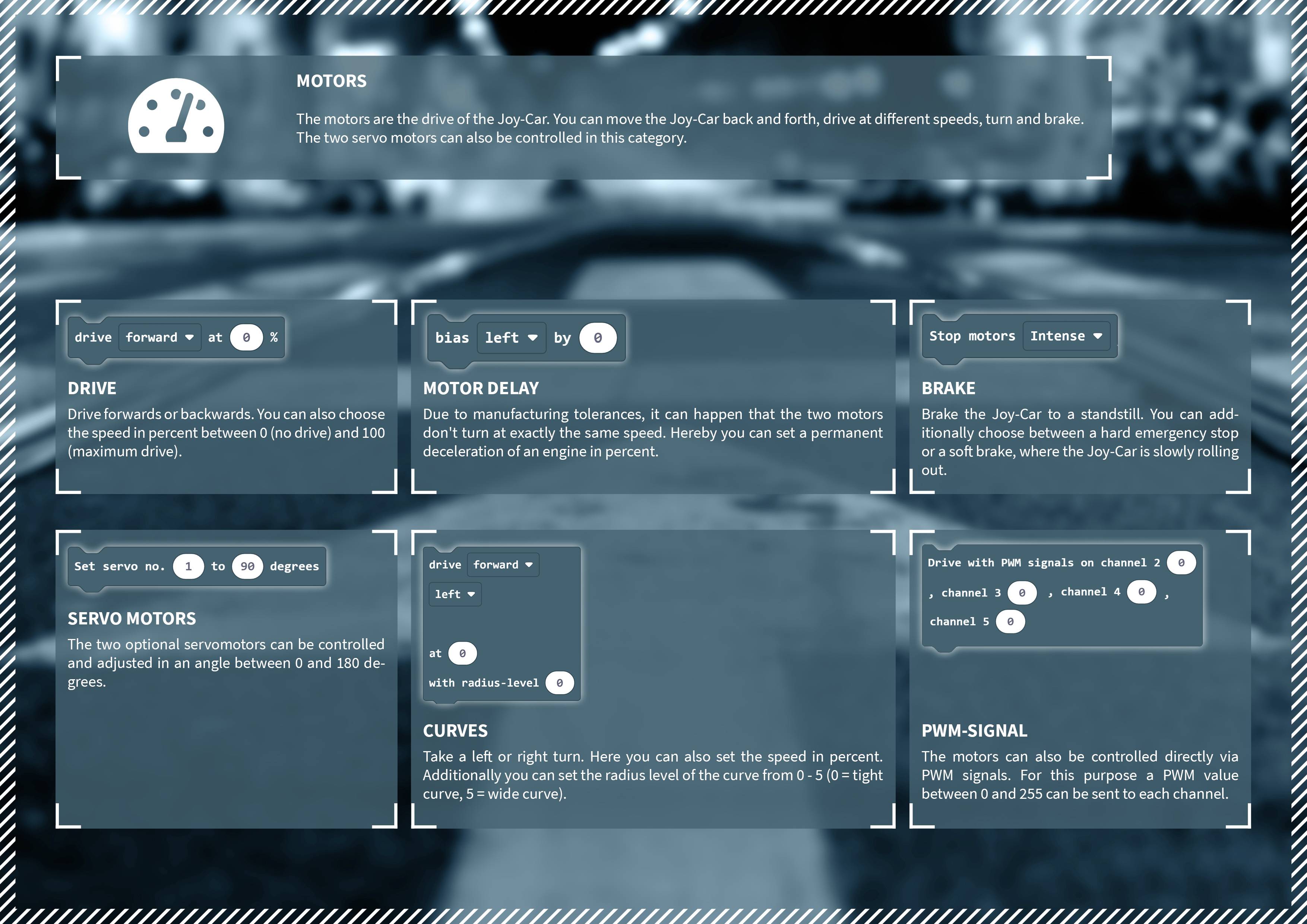 'Motoren en functies: vooruit/achteruit rijden, links/rechts bijsturen, stoppen. Besturing: servomotoren, bochten, PWM-signaal aanpassingen.'