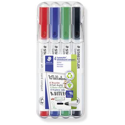 Vier gekleurde whiteboard-stiften in rood, zwart, groen en blauw van Staedtler in een transparante verpakking.