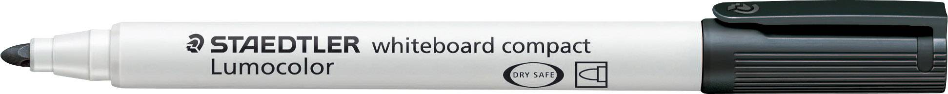 Een witte Lumocolor whiteboard-marker van Staedtler met een zwarte dop, geschikt voor gebruik op whiteboards.