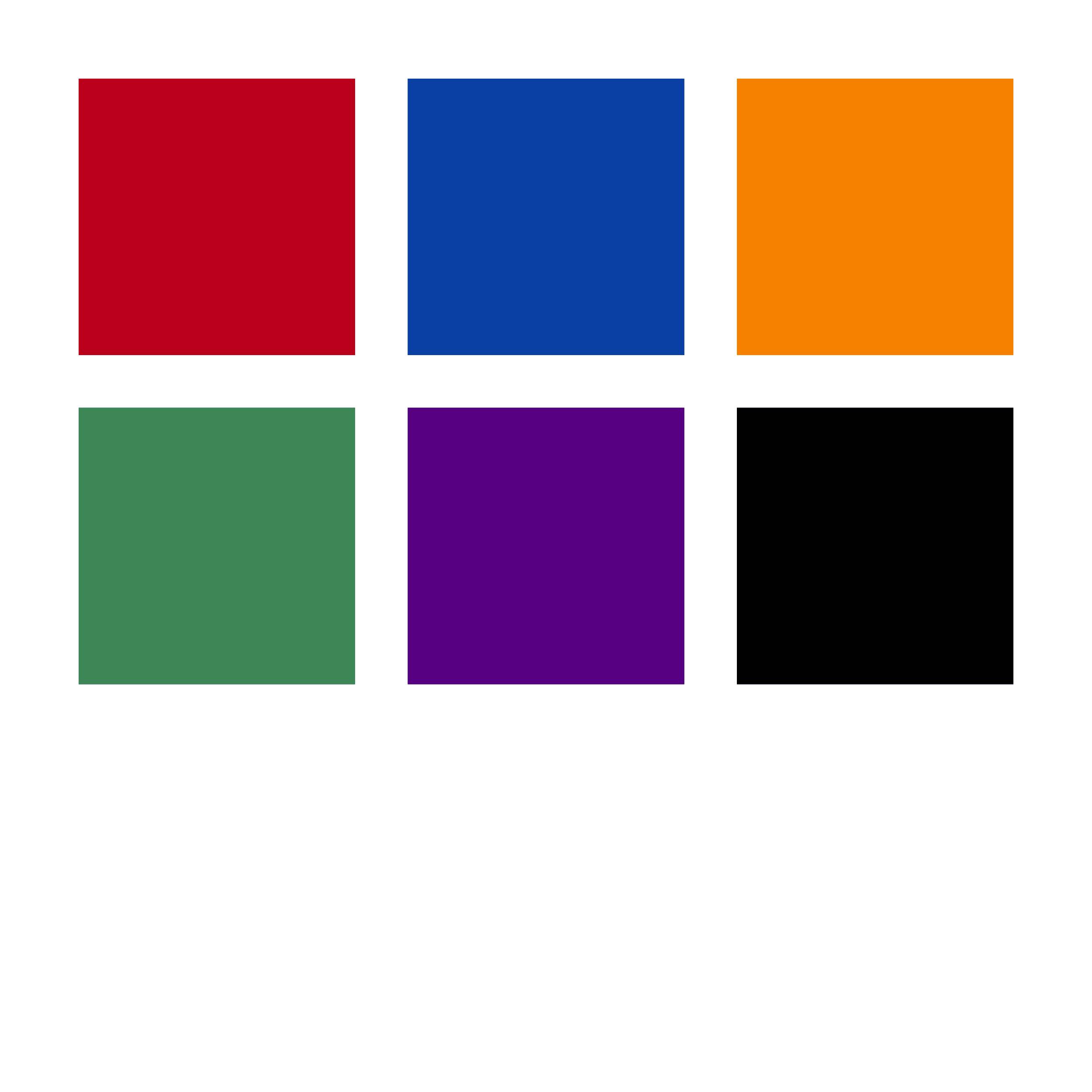 Zes kleurrijke vierkanten in twee rijen: Rood, Blauw, Oranje bovenaan; Groen, Paars, Zwart onderaan.