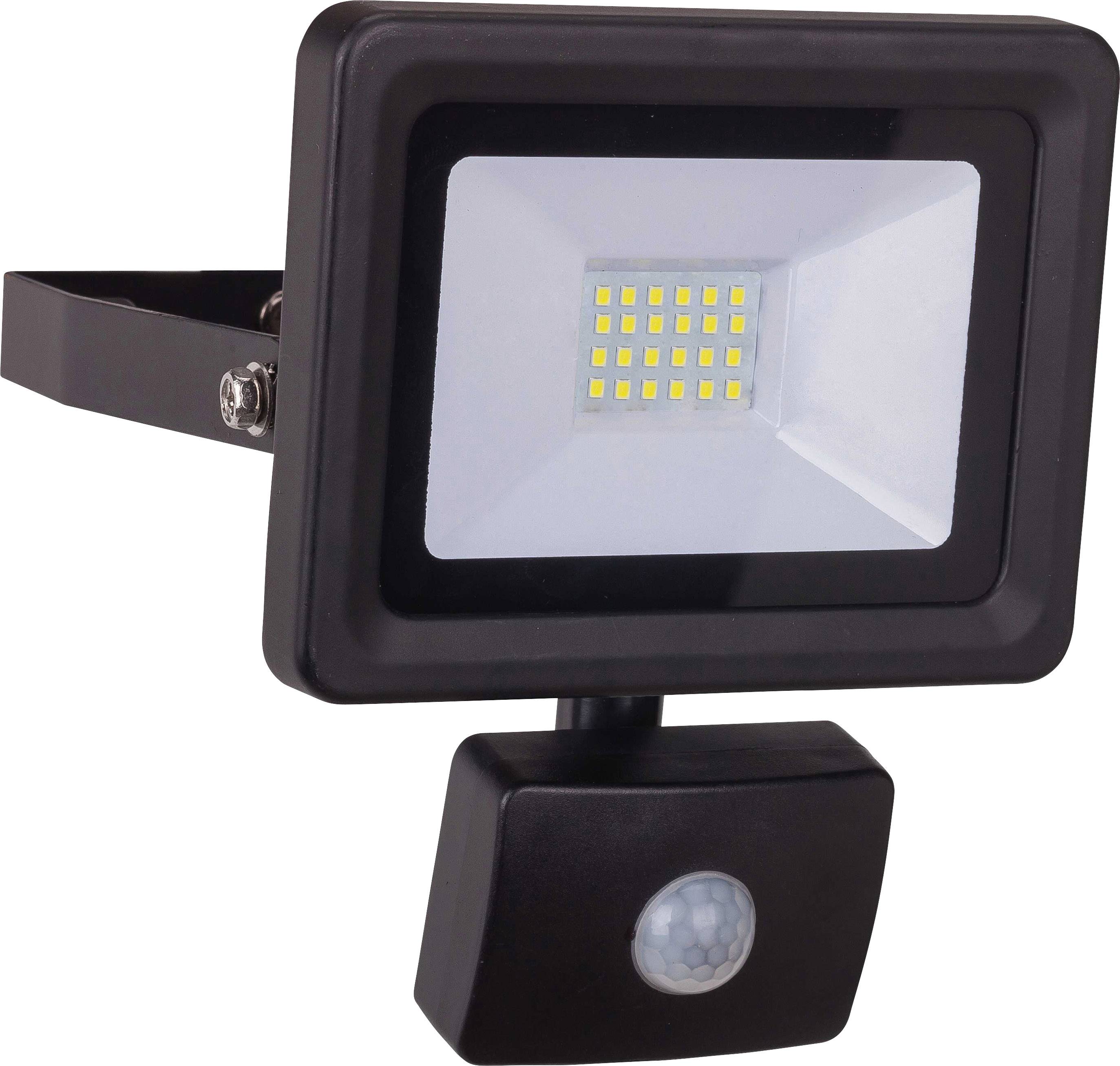Een zwarte LED-bewegingsdetector met rechthoekige behuizing en meerdere lichtdiodes in het midden.