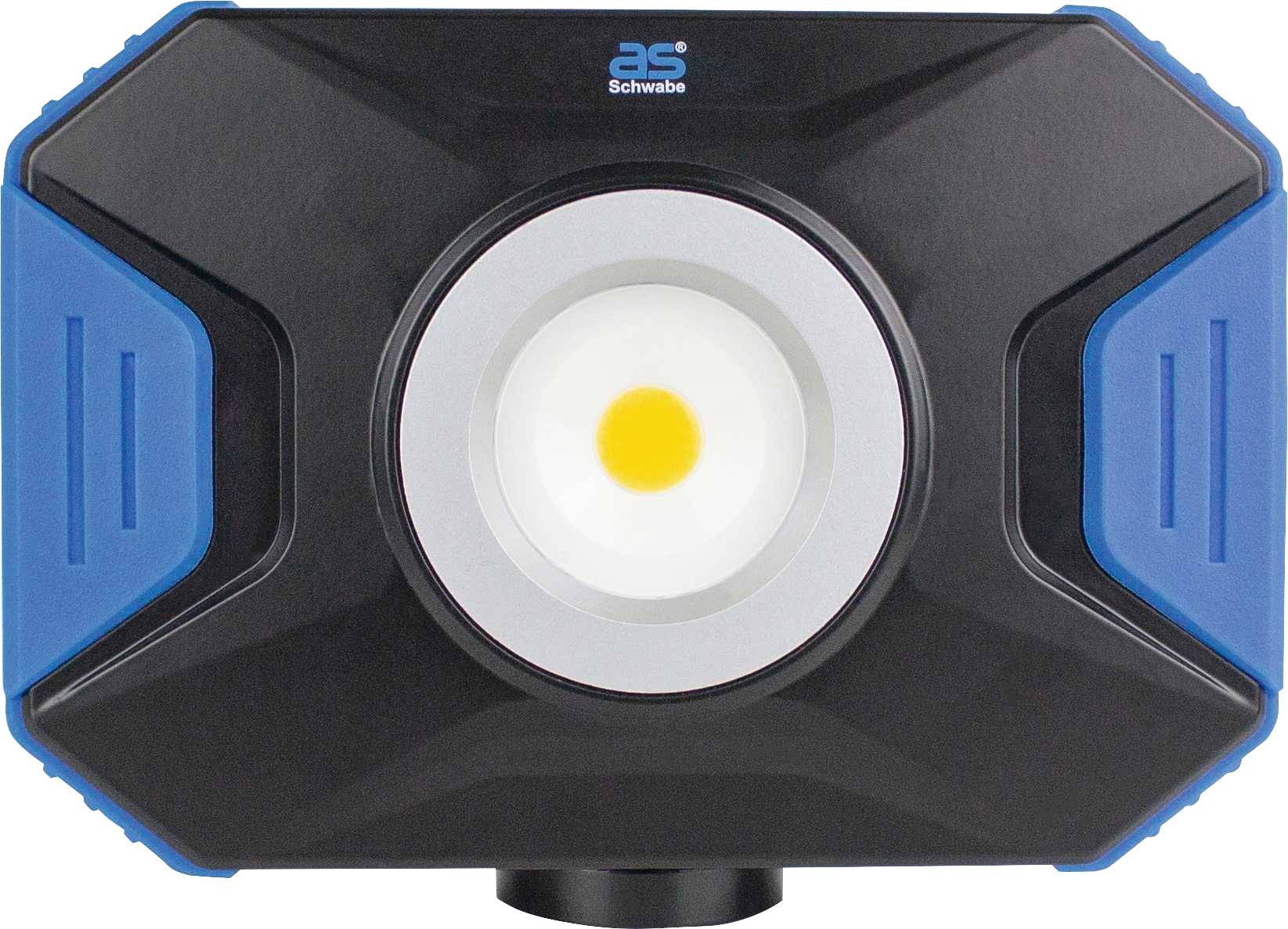 Een draagbare LED-bouwlamp met een blauw-zwarte behuizing. In het midden bevindt zich een ronde, heldere LED-lichtbundel.