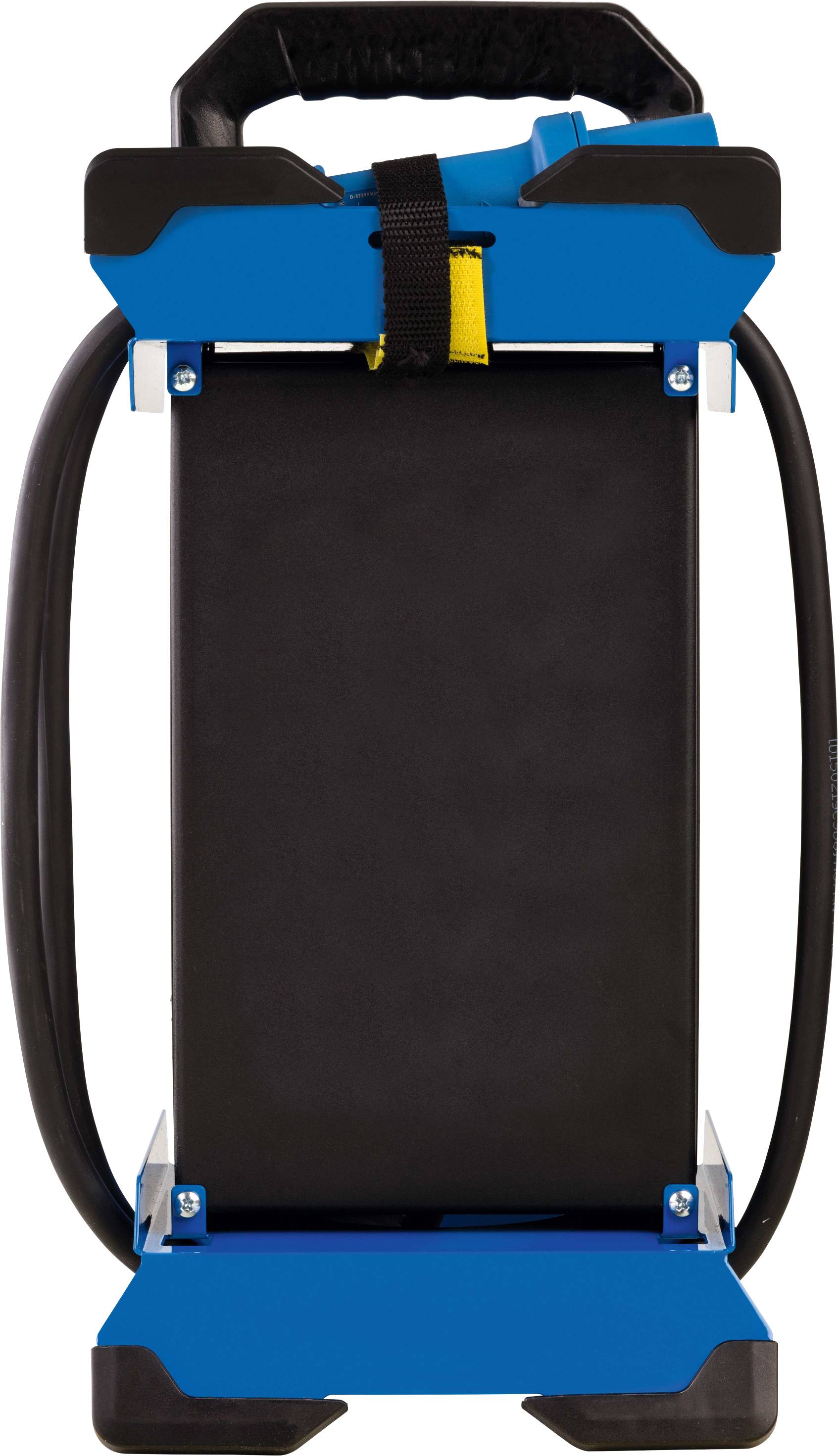 Een draagbare, rechthoekige accu met een zwarte behuizing en blauwe hoeken, geschikt voor gebruik in verschillende technische apparaten.