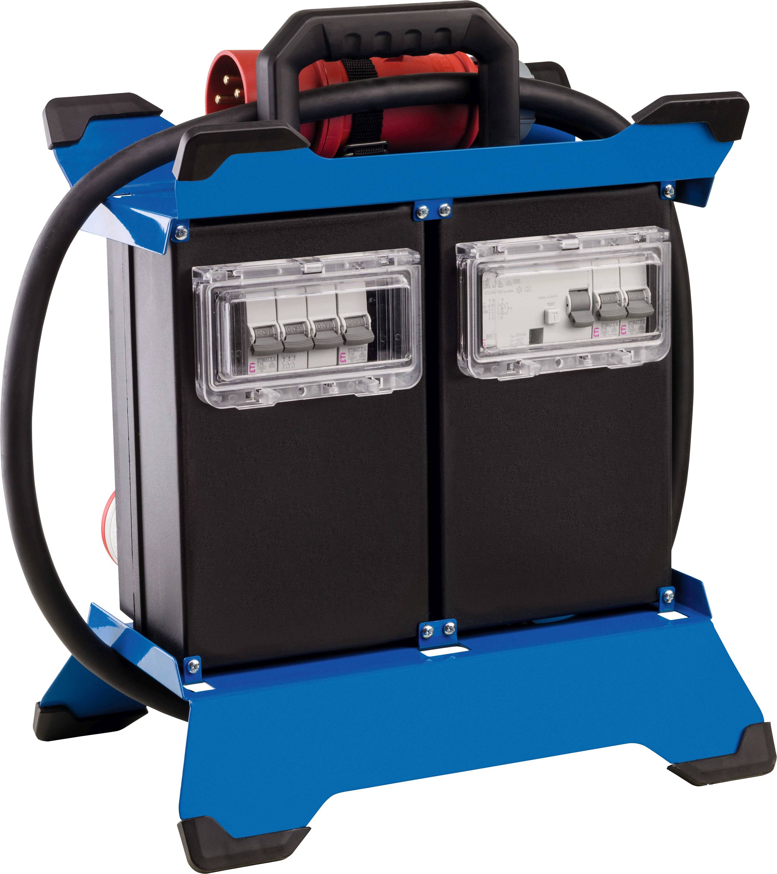 Een draagbare blauwe bouwstroomverdeler met twee beschermde stopcontacten, omgeven door een zwart snoer. Geschikt voor bouwterreinen.