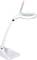 Een witte tafellamp met flexibele bevestiging en een ingebouwde loep onder de lampenkap, ideaal voor het lezen en gedetailleerd werk.