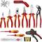 Een selectie van Knipex-gereedschappen, waaronder tangen, kabelknippers, schroevendraaiers en een striptang, op een witte achtergrond.
