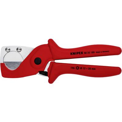 Rood Knipex-buizensnijgereedschap, bedrukt met: 'KNIPEX 90 25 185 Made in Germany', geschikt voor diameters van 12 tot 25 mm.