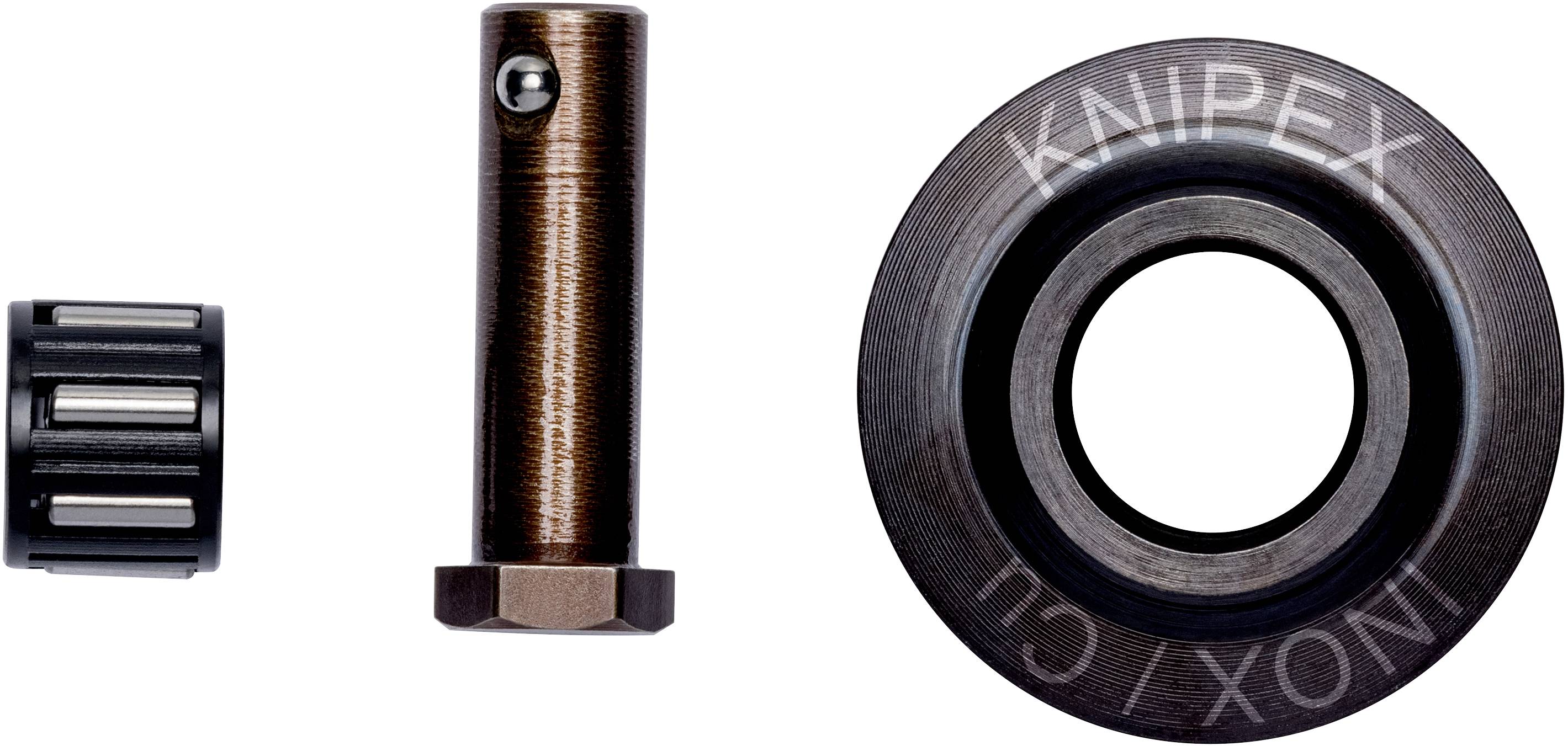 Drie metalen componenten: een lager, een cilindrische as en een grote, ronde ring met de opschrift 'KNIPEX / INOX'.