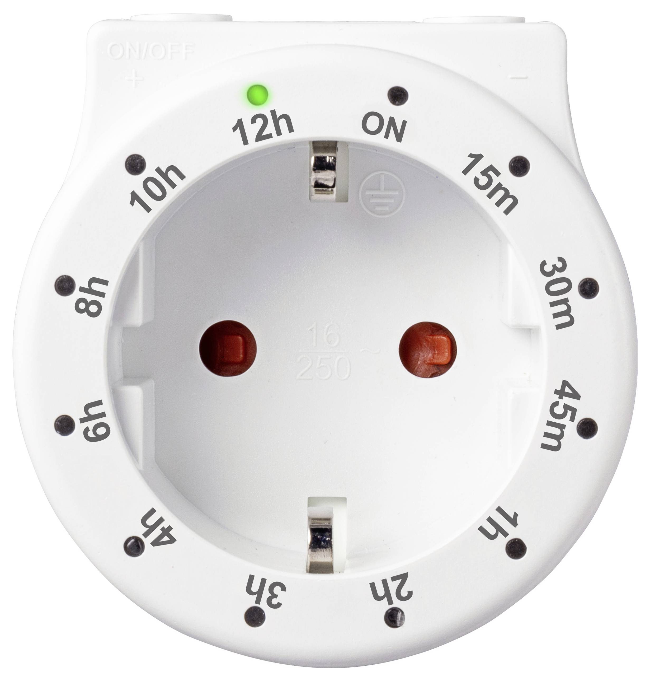 Een witte mechanische tijdschakelklok waarop tijdsintervallen van 15 minuten tot 12 uur zijn gemarkeerd. Een groene controlelamp geeft activiteit aan.