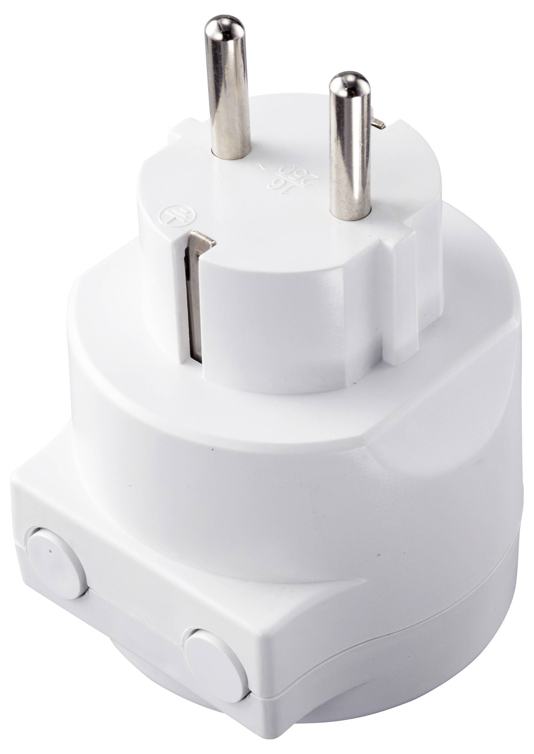 Witte stekkerdoos-adapter met twee metalen pinnen, geschikt voor Europese stopcontacten.