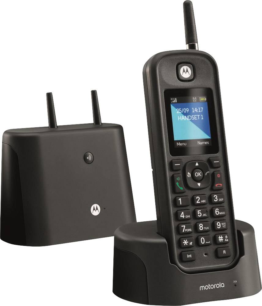 Een zwarte draadloze telefoon van Motorola met basisstation. Het display toont de datum en 'Handset 1'.